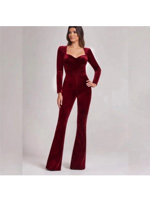 Nake Butik Kare Yaka Uzun Kollu Kadife Ispanyol Paça Tulum
