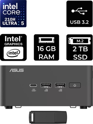Asus Nuc 15 Pro Tall Intel Core 5-210H 16GB Ram 1tb SSD Freedos RNUC15CRHC500002P308 Mini Masaüstü Bilgisayar + Per4 USB Bellek