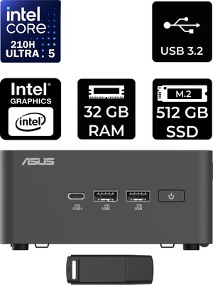 Asus Nuc 15 Pro Tall Intel Core 5-210H 32GB Ram 256GB SSD Freedos RNUC15CRHC500002P316 Mini Masaüstü Bilgisayar + Per4 USB Bellek