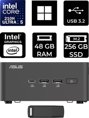 Asus Nuc 15 Pro Tall Intel Core 5-210H 48GB Ram 256GB SSD WIN11 Pro RNUC15CRHC500002P426 Mini Masaüstü Bilgisayar + Per4 USB Bellek