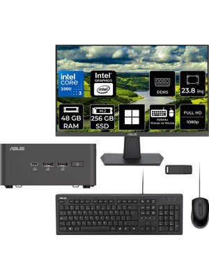 Asus Nuc 15 Pro Tall Intel Core 3-100U 48GB Ram 256GB SSD 23.8" Full Hd Monitör WIN11 Home RNUC15CRHI300002P576 Mini Masaüstü Bilgisayar + Per4 USB Bellek