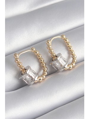Lux Store Pirinç Gold Renk Top Model Gümüş Renk Zirkon Taşlı Kadın Küpe