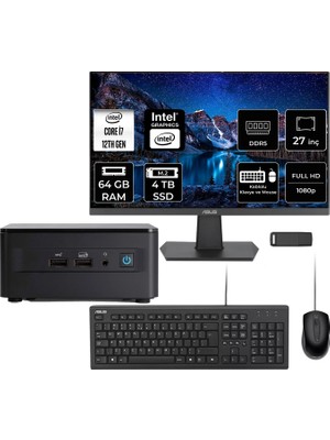 Asus Nuc 12 Pro Tall Intel Core I7-1260P 64GB Ram 4tb SSD 27" Full Hd Monitör Freedos RNUC12WSHI700002IP735 Mini Masaüstü Bilgisayar + Per4 USB Bellek