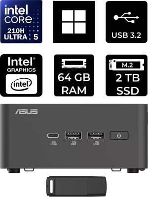 Asus Nuc 15 Pro Tall Intel Core 5-210H 64GB Ram 2tb SSD WIN11 Pro RNUC15CRHC500002P434 Mini Masaüstü Bilgisayar + Per4 USB Bellek