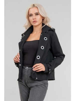 Bold & Young Kadın Viskon Polyester Likralı Kumaş Kol Ucu Toka Bantlı Kuş Gözü Aksesuarlı Çıt Çıtlı Cepli  Ceket Siyah