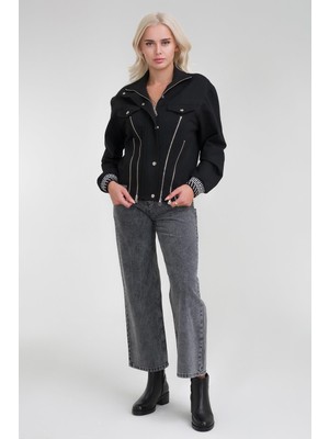 Bold & Young Kadın Viskon Polyester Likralı Kumaş Fermuar Aksesuarlı Kaşkorseli Cepli  Ceket Siyah