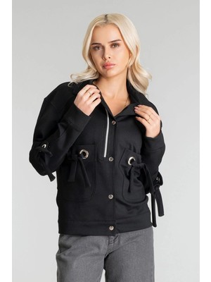 Bold & Young Kadın Viskon Polyester Likralı Kumaş Kuş Gözü Ve Fermuar Aksesuarlı Çıt Çıtlı Cepli  Ceket Siyah