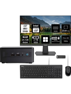 Asus Nuc 12 Pro Tall Intel Core I7-1260P 24GB Ram 4tb SSD 23.8" Full Hd Monitör WIN11 Home RNUC12WSHI700002IP565 Mini Masaüstü Bilgisayar + Per4 USB Bellek