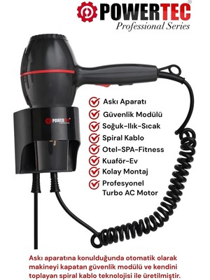 Powertec TR-301 Askı Aparatlı | Otel Tipi | Profesyonel Saç Kurutma & Fön Makinesi