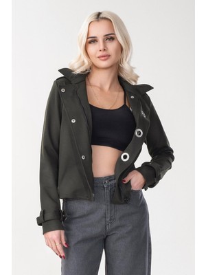 Bold & Young Kadın Viskon Polyester Likralı Kumaş Kol Ucu Toka Bantlı Kuş Gözü Aksesuarlı Çıt Çıtlı Cepli  Ceket Haki