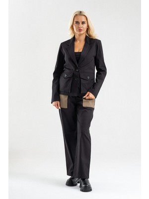 Bold & Young Kadın Üç Cepli Likralı Pamuklu Astarsız Blazer Ceket Siyah