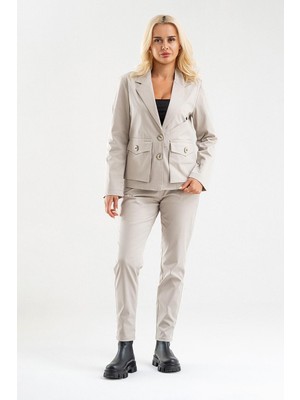 Bold & Young Kadın Üç Cepli Likralı Pamuklu Astarsız Blazer Ceket Bej