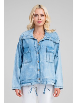 Bold & Young Kadın     Bleach Yıkama Cepli  Büyük Yakalı Düğmeli İnce Lyocell Kumaş Kot Ceket İndigo Açık Mavi