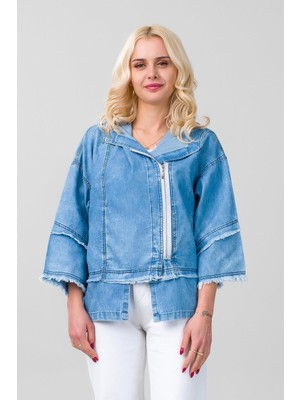 Bold & Young Kadın     Bleach Yıkama Cepli Kapişonlu Fermuarlı İnce Lyocell Kumaş Kot Ceket İndigo Açık Mavi