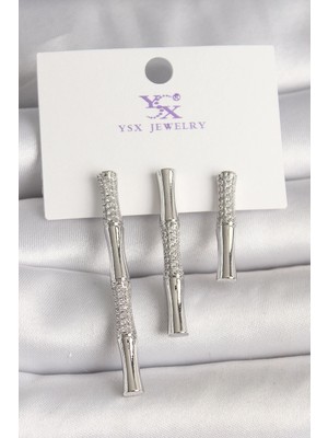Lux Store Pirinç Gümüş Renk Zirkon Taşlı Bambu Model 3'lü Kadın Kombin Küpe