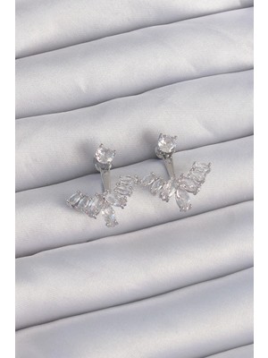 Lux Store Pirinç Gümüş Renk Zirkon Taşlı V Model Küpe