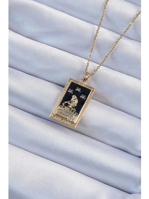 Lux Store 316L Çelik Zincir Altın Renk Zirkon Taşlı Siyah Mineli Kız Figürlü Tarot Kolye