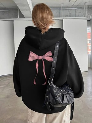 Touz Moda Ribbon Baskılı Unisex Oversize Kapüşonlu Sweatshirt Hoodie