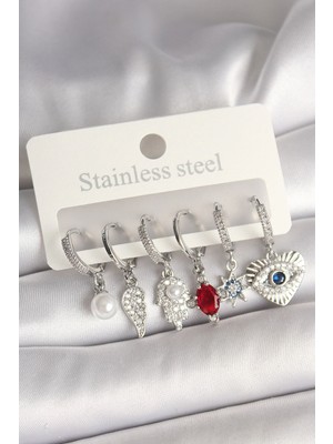 Lux Store Pirinç Gümüş Renk Zirkon Taşlı Fatma Ana El Figür Kadın Küpe Seti