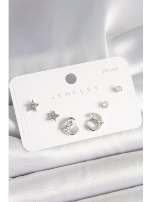 Lux Store 925 Ayar Gümüş Çivi Zirkon Taşlı Hilal Yıldız Model Kadın Küpe Seti