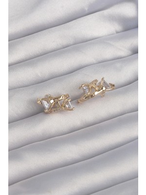 sbodurhome  Pirinç Gold Renk Iri Zirkon Taşlı Kıvrımlı Minimal Kelebekli Halka Küpe