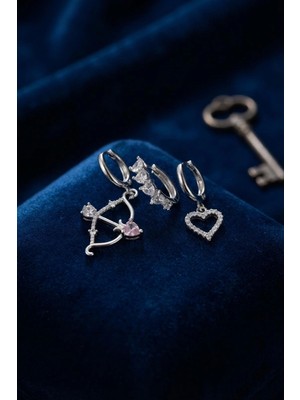 Lux Store 3 Lü Set Küpe Gümüş Renk Eros Yay Detaylı