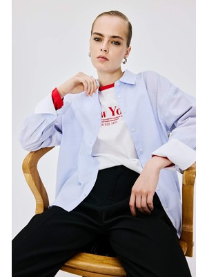 DeFacto Oversize Çizgili Oxford Uzun Kollu Açık Mavi Gömlek I3121AX26AU