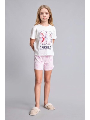 DeFacto Kpop - Demon Hunters Lisanslı Regular Fit Elastik Bel 2'li Ekru Pijama Takımı Kız Çocuk H8098A826SM