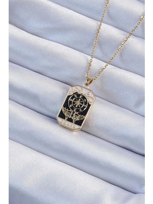 Lux Store 316L Çelik Zincir Altın Renk Işlemeli Siyah Mineli Tarot Kolye
