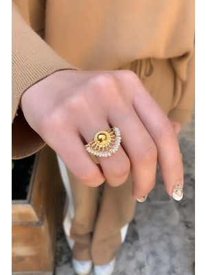 Bayar Gold 14 Ayar Altın İncili Yelpaze Model Yüzük