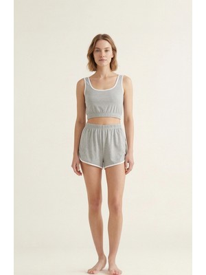 Lux Store Kadın Gri Askılı Crop Top Şortlu Gecelik Takım