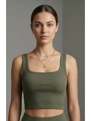 Lux Store Kadın Haki Yeşili Kalın Askılı Crop Top Büstiyer – Şık Tasarım