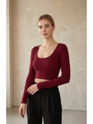 Lux Store Kadın Bordo Uzun Kol Kare Yaka Crop Top Bluz