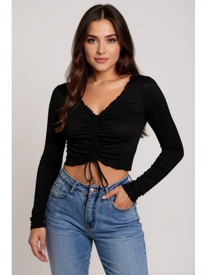 Lux Store Kadın Siyah Uzun Kollu Büzdürme Bağcık Detaylı Crop Top Bluz – Şık, Rahat Kolay Kombinlenebilir