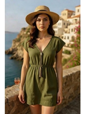 Lux Store Kadın Haki Yanları Yırtmaçlı Tokalı V Yaka Mini Plaj Elbisesi