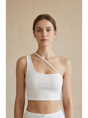 Lux Store Kadın Beyaz Tek Omuzlu Çapraz Askılı Crop Top Büstiyer
