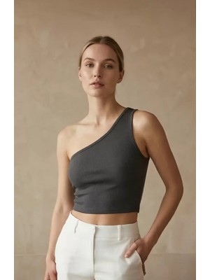 Lux Store Kadın Koyu Gri Tek Omuz Crop Büstiyer – Şık Tasarım