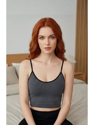 Lux Store Kadın Anstrasit Gri Ip Askılı Crop Top Bluz