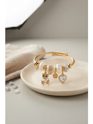 sbodurhome Tedy Bear Model Gold Renk Beyaz Charmlı Bileklik