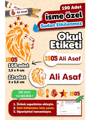 Okul Etiketi Kalem Defter Isimli Etiket Isim Yazılabilen Galatasaray - 190 Adet Özel Tasarım Etiket