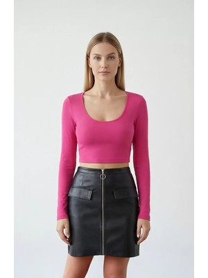 Lux Store Kadın Fuşya Uzun Kol Kare Yaka Crop Top Bluz – Şık, Rahat Kolay Kombinlenebilir