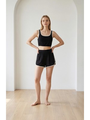 Lux Store Kadın Siyah Askılı Crop Top Şortlu Gecelik Takım