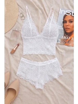 Lux Store Kadın Beyaz Dantel Bralet Şort Takımı – Romantik Zarif Iç Giyim