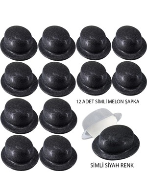 sbodurhome Siyah Renk Simli Melon Yuvarlak Parti Şapkası 12 Adet