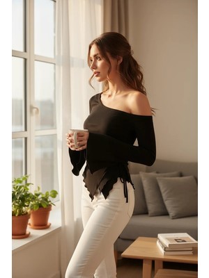 Lux Store Kadın Siyah Uzun Ispanyol Kollu Asimetirik Yaka Yandan Bağlamalı Drapeli Bluz