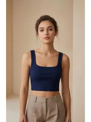 Lux Store Kadın Lacivert Kalın Askılı Crop Top Büstiyer – Şık Tasarım