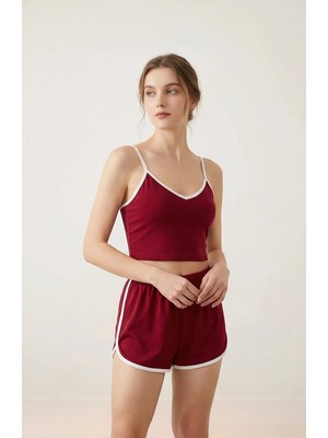 Lux Store Kadın Bordo Askılı Crop Top Şortlu Gecelik Takım – Modern, Konforlu Günlük Kombinlere Uygun