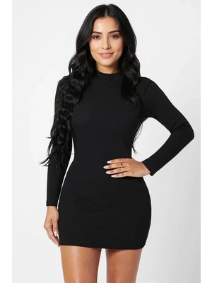 Lux Store Kadın Siyah Kaşkorse Balıkçı Yaka Uzun Kollu Bodycon Mini Elbise