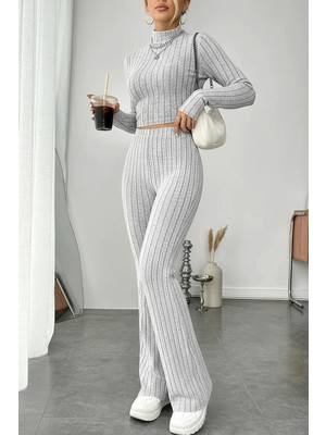 Lux Store Kadın Gri Çizgili Boğazlı Crop Top Yüksek Bel Pantolon Takım