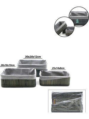 sbodurhome Gri 3 Boy D.dörtgen Bambu Kenar Organizer Sepet Ahşap Altlık - Bezli 25X14-28X18-20X30CM